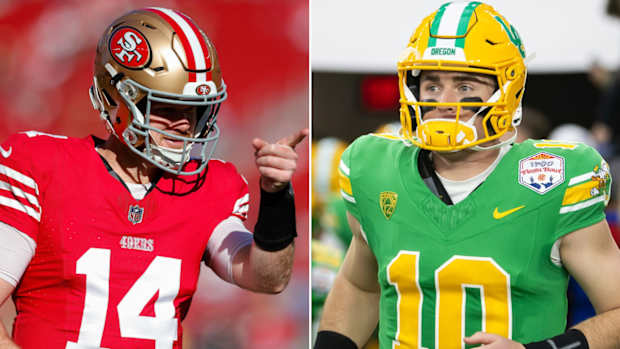San Francisco 49ers quarterback Sam Darnold and Oregon Ducks quarterback Bo Nix.
